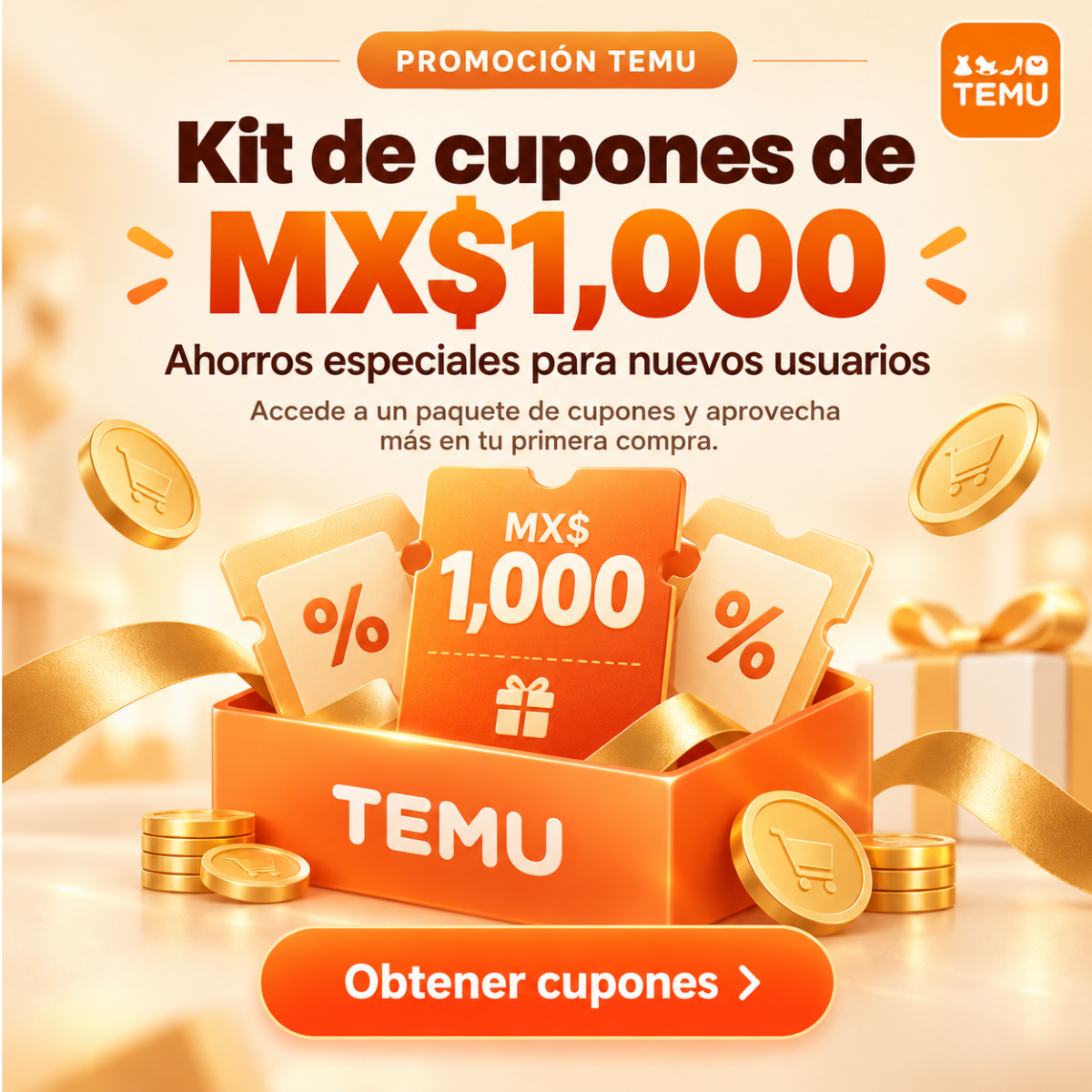 Promoción TEMU kit de cupones de MX$1,000
