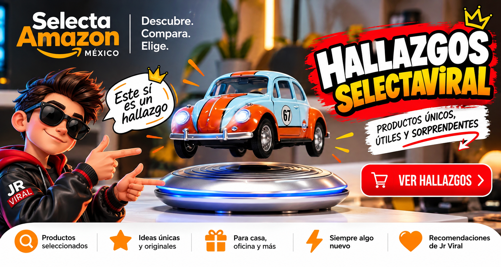 Banner Hallazgos SelectaViral con Jr Viral y vochito levitando
